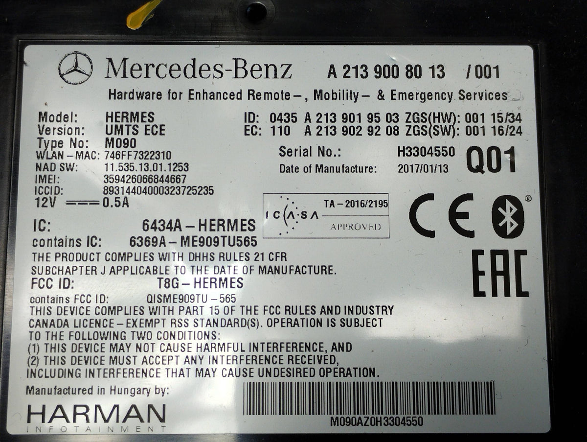 Mercedes-Benz B W246 W242 TELEMATIC CONTROLLER MODULE A2139008013