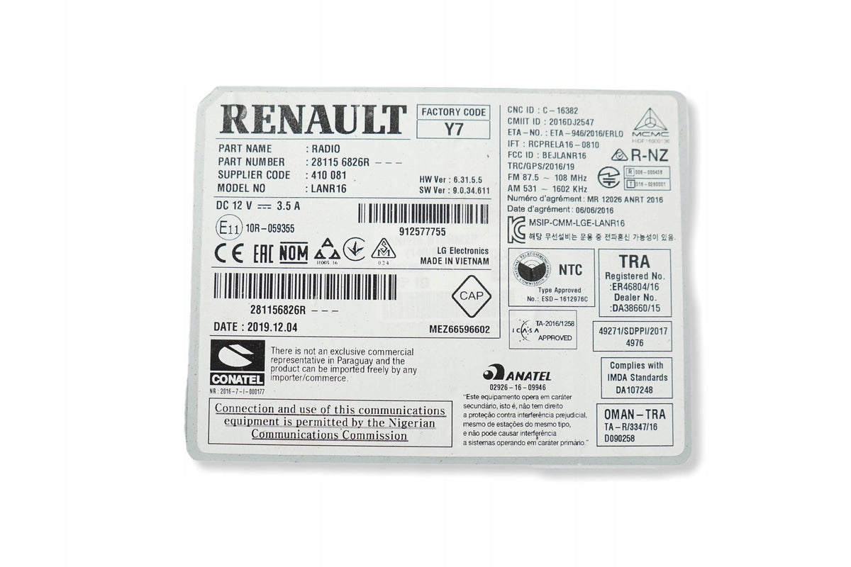 RENAULT KADJAR LIFT 20R FACTORY RADIO NAVIGATION 281156826R